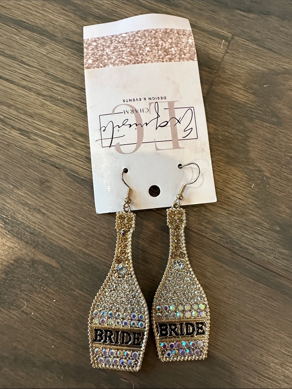 Gold BRIDE Champagne Bottle Drop Earrings — Sparkling Crystal Bridal Dangle